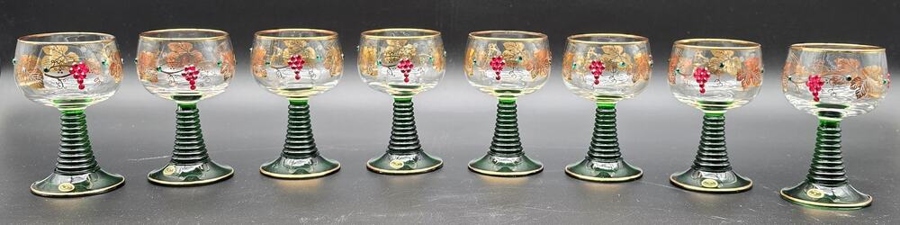 Vtg Bockling German Romer Wine Glasses Green Stem Gold Gilt Rhinestones Set 8